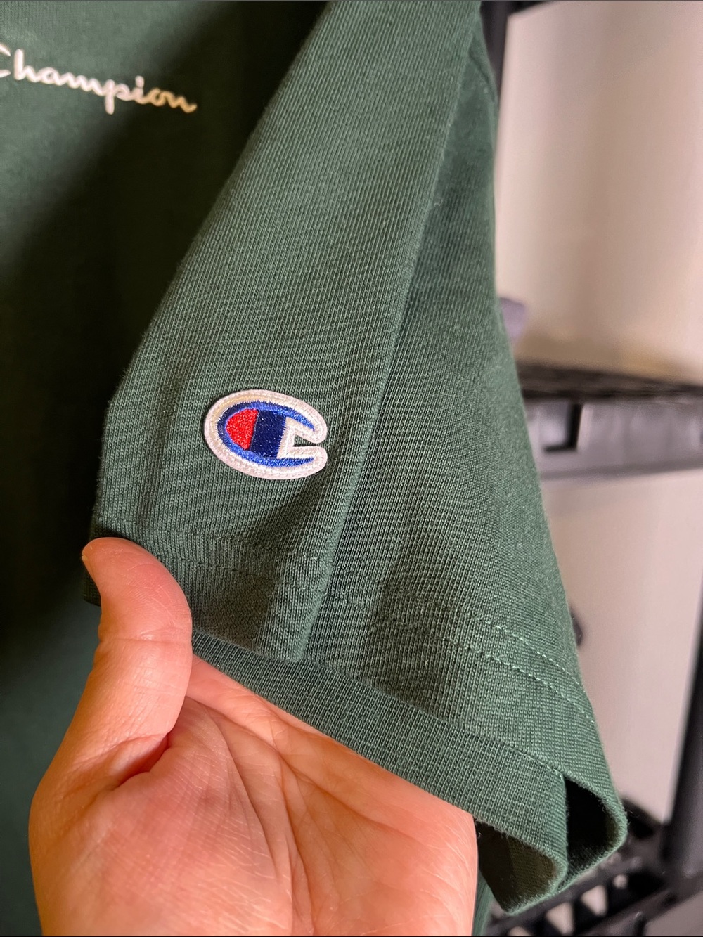 Champion hunter Green Logo Tee with Sleeve Badge
